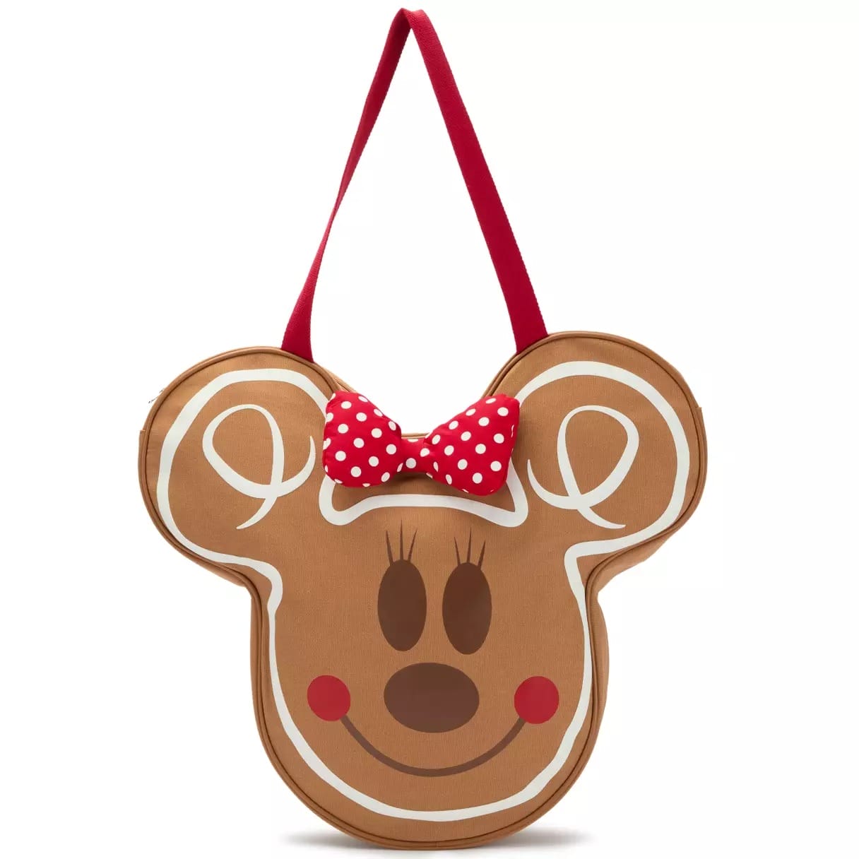 Gingerbread Mickey Mouse head-shaped bag with red polka dot bow and red strap, perfect for Disney park holiday style.