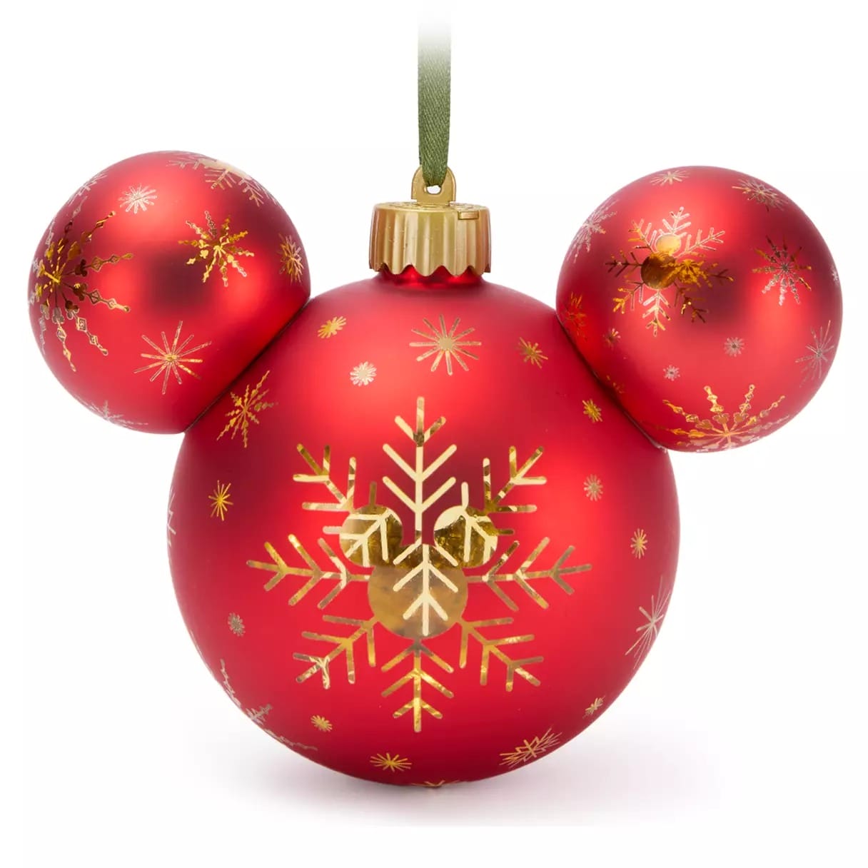 Red Christmas ornament shaped like Mickey Mouse, from the Disney Store, decorated with gold snowflakes and a green ribbon.