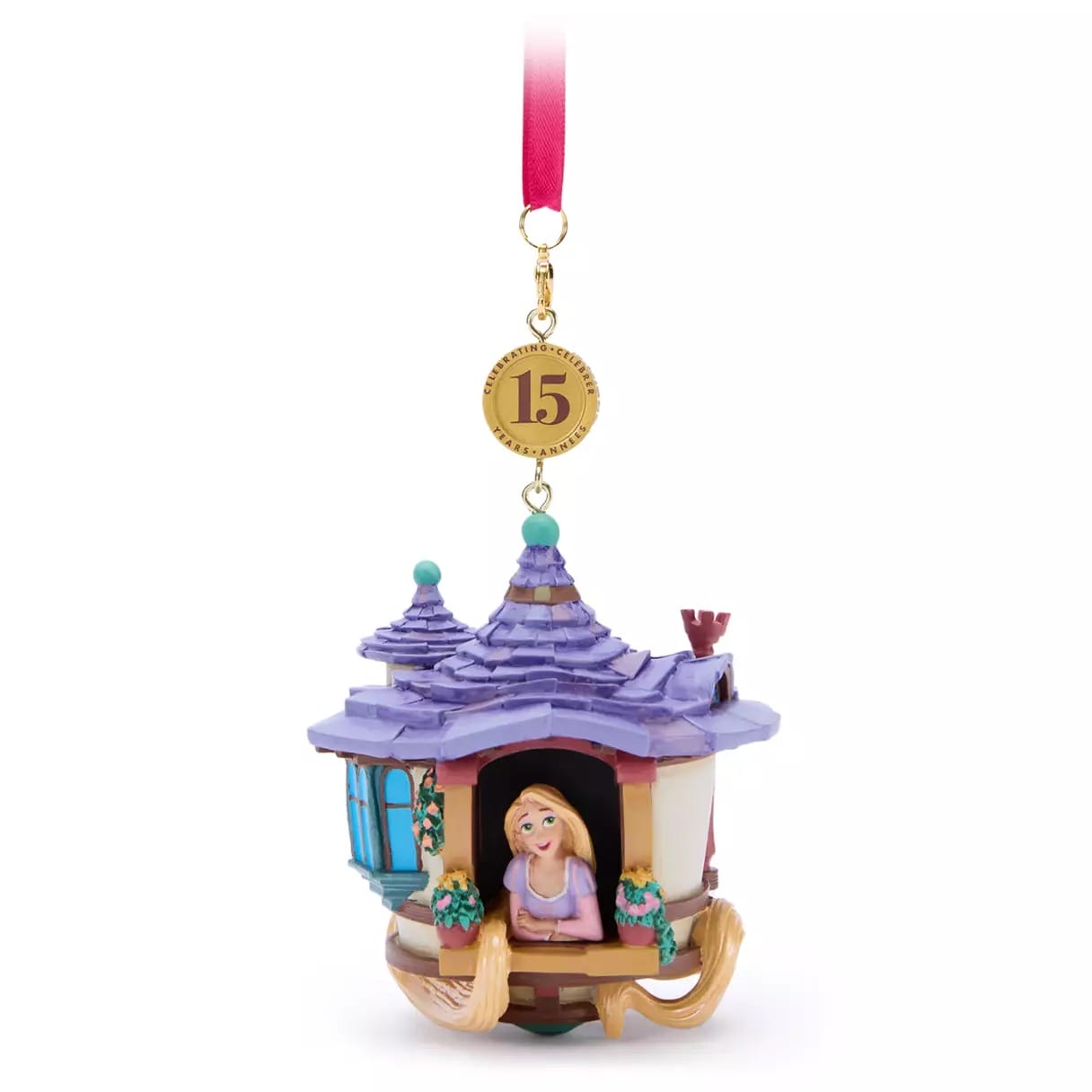 Rapunzel ornament in a purple-roofed tower with "15" charm and pink ribbon—Disney Store 2025 Christmas merchandise.