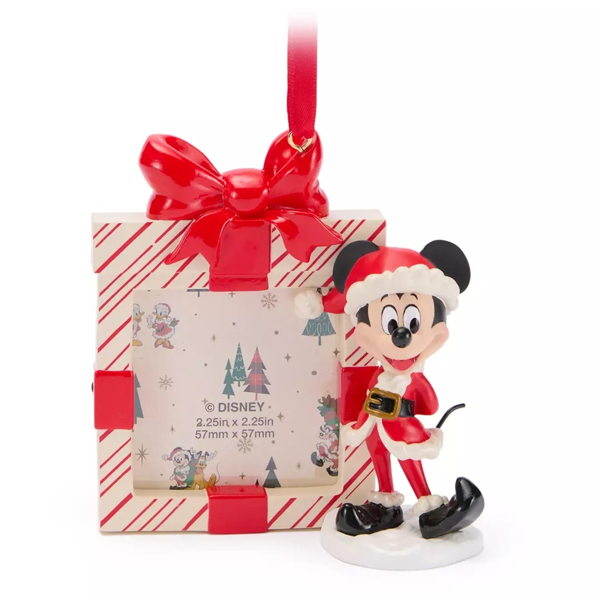 Mickey Mouse in a Santa outfit stands by a Disney Store Christmas photo frame, perfect for 2025 Christmas memories.