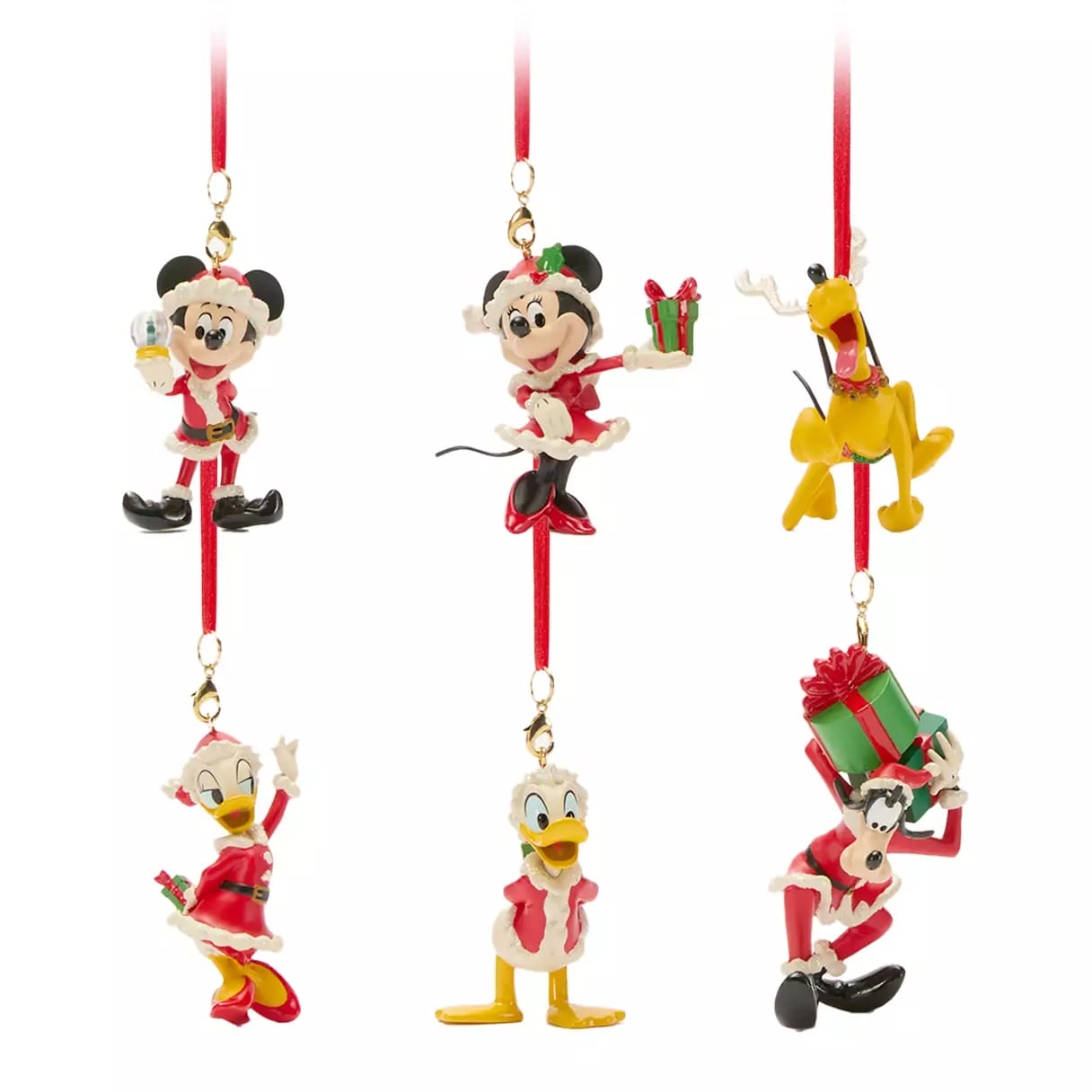 Six Disney Store character ornaments in festive outfits, each with presents—perfect 2025 Christmas merchandise.