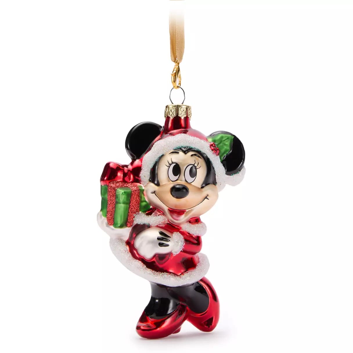 Minnie Mouse Christmas ornament in a Santa outfit with a gift—exclusive Disney Store 2025 Christmas Merchandise.