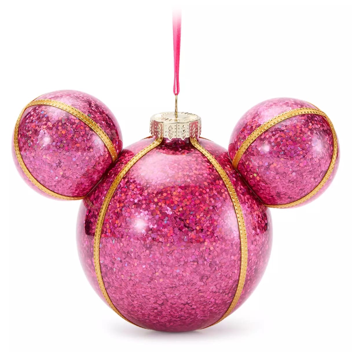 Pink glittery Mickey Mouse ornament with gold trim, a Disney Store 2025 Christmas exclusive, hangs by a pink ribbon.