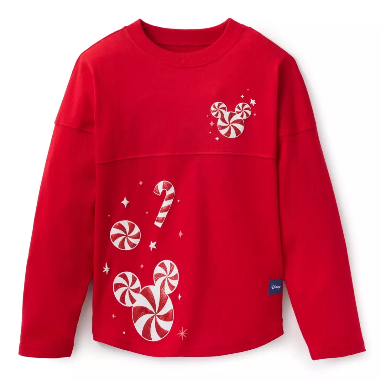 Red long-sleeve shirt from a Disney park, with white peppermint candies, a candy cane, and Mickey Mouse icons on the front.