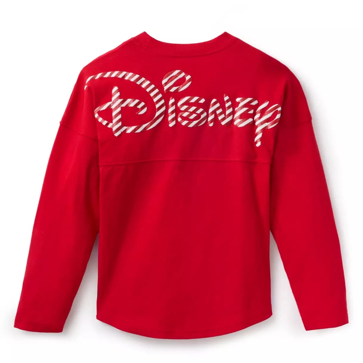 Red long-sleeve shirt, "Disney" in white candy cane stripes across upper back, reminiscent of festive park spirit at Disney parks.
