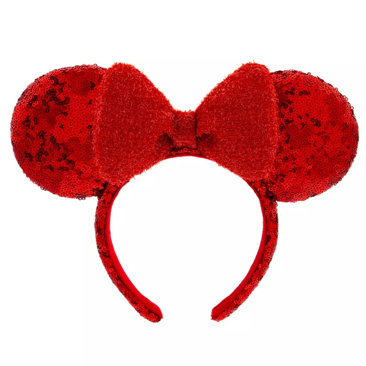 A sparkly red mouse ear headband with a matching sequin bow, a popular Disney Parks accessory seen in Disneyland and beyond.