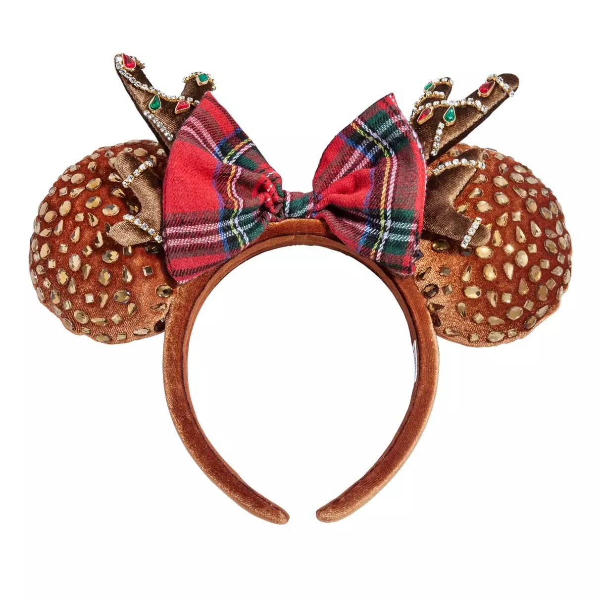 Brown Disney Parks headband featuring plush reindeer antlers, a red tartan bow, gold-spotted round ears, and festive holiday lights.