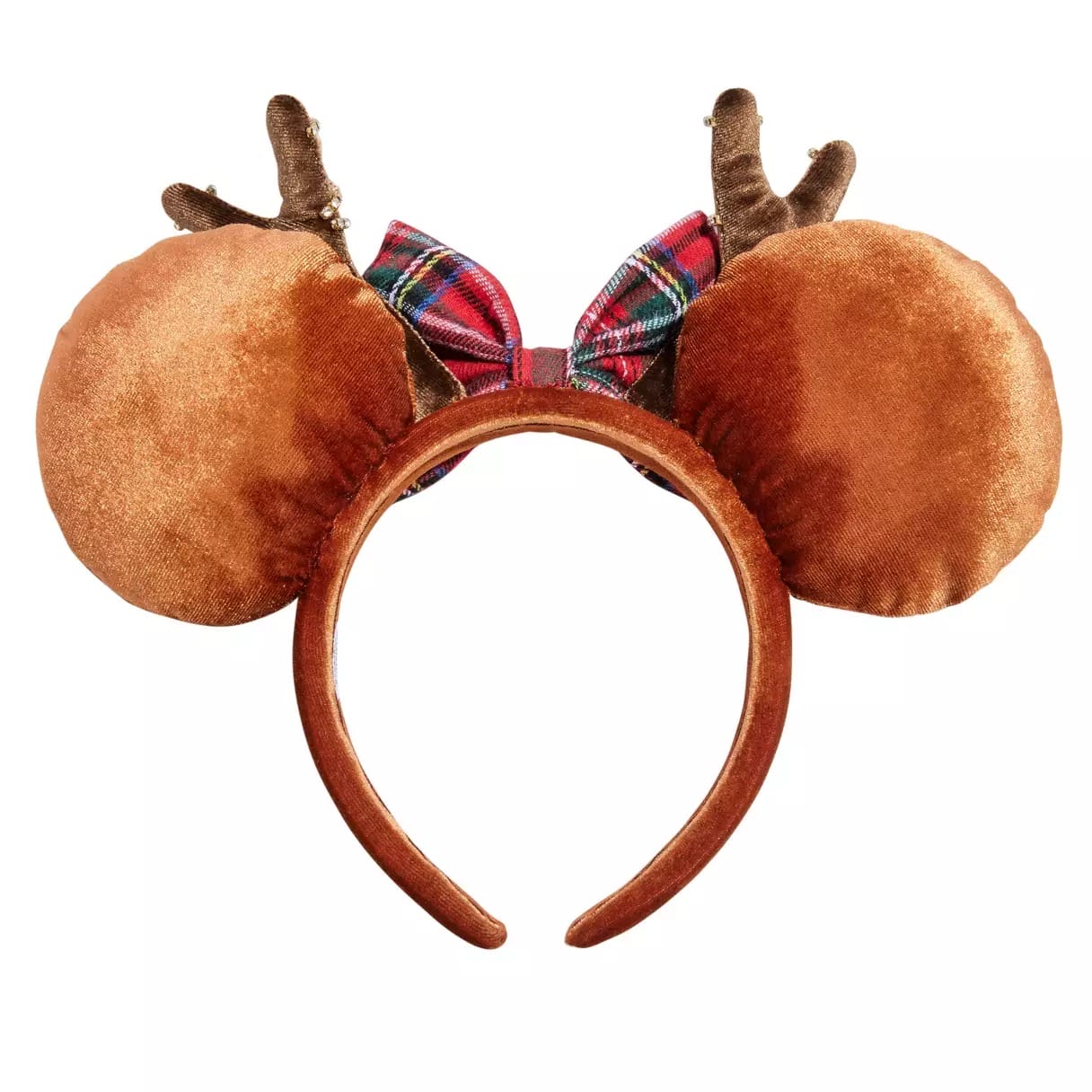 Brown velvet Disney-style headband with Mickey ears, tiny antlers, and a red plaid bow—evoking festive park accessory vibes.
