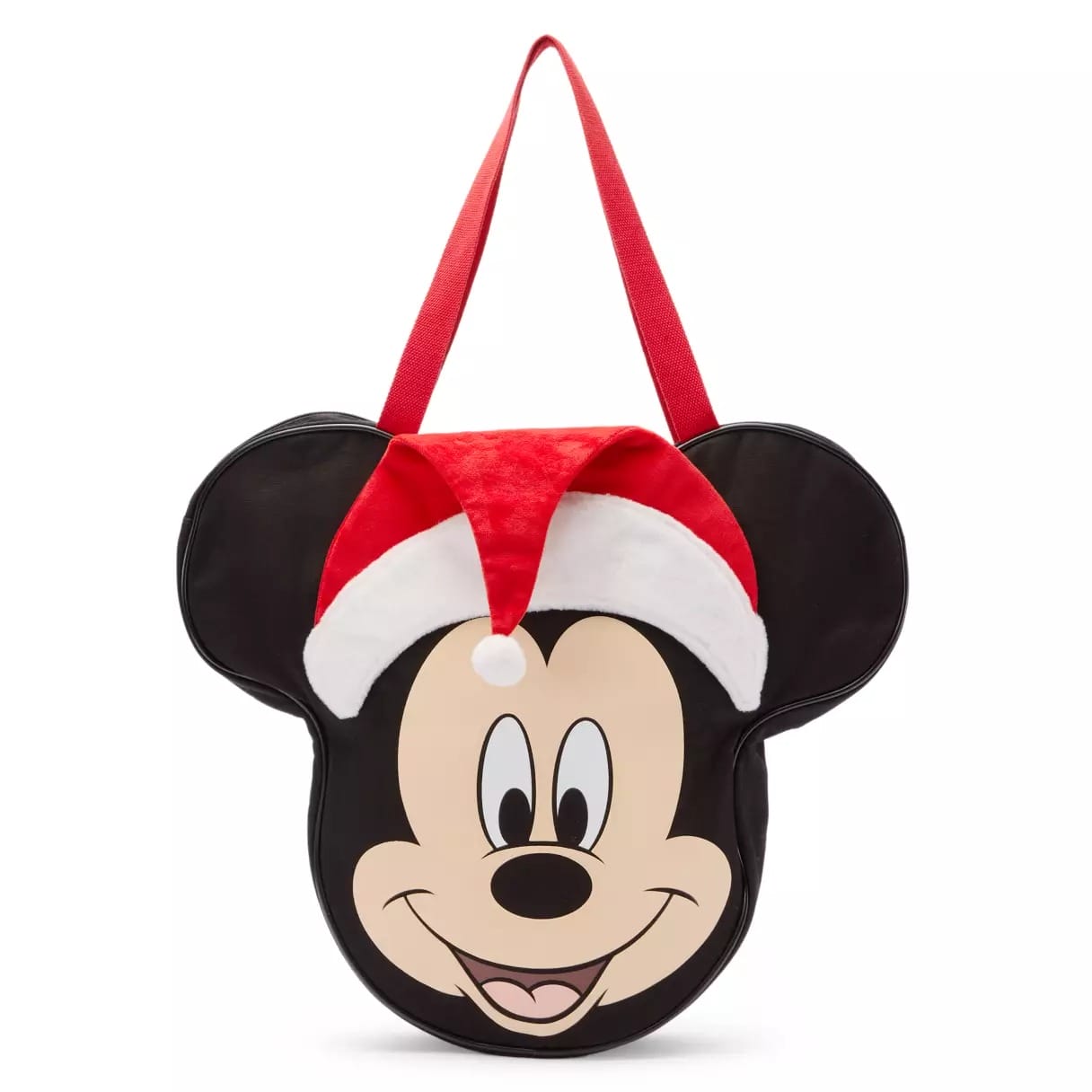 Mickey Mouse head-shaped bag with a Santa hat and red straps, a festive accessory often seen in Disney Parks worldwide.