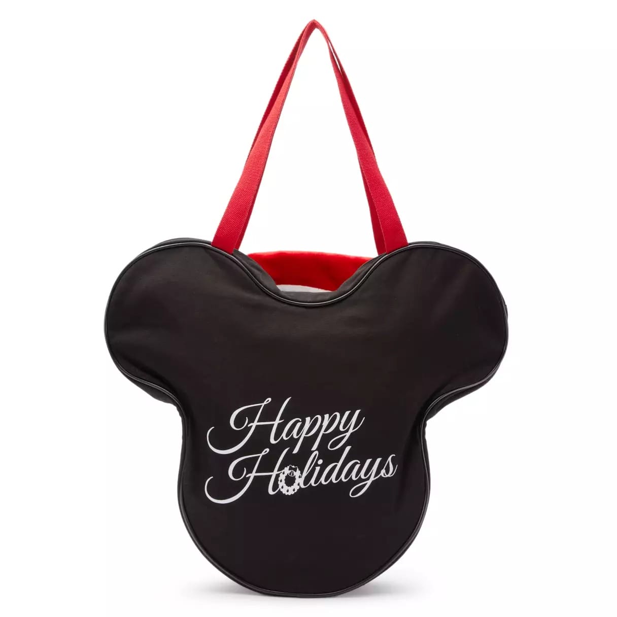 Black tote bag shaped like Mickey Mouse’s head with red handles and “Happy Holidays” in white script, classic Disney style.