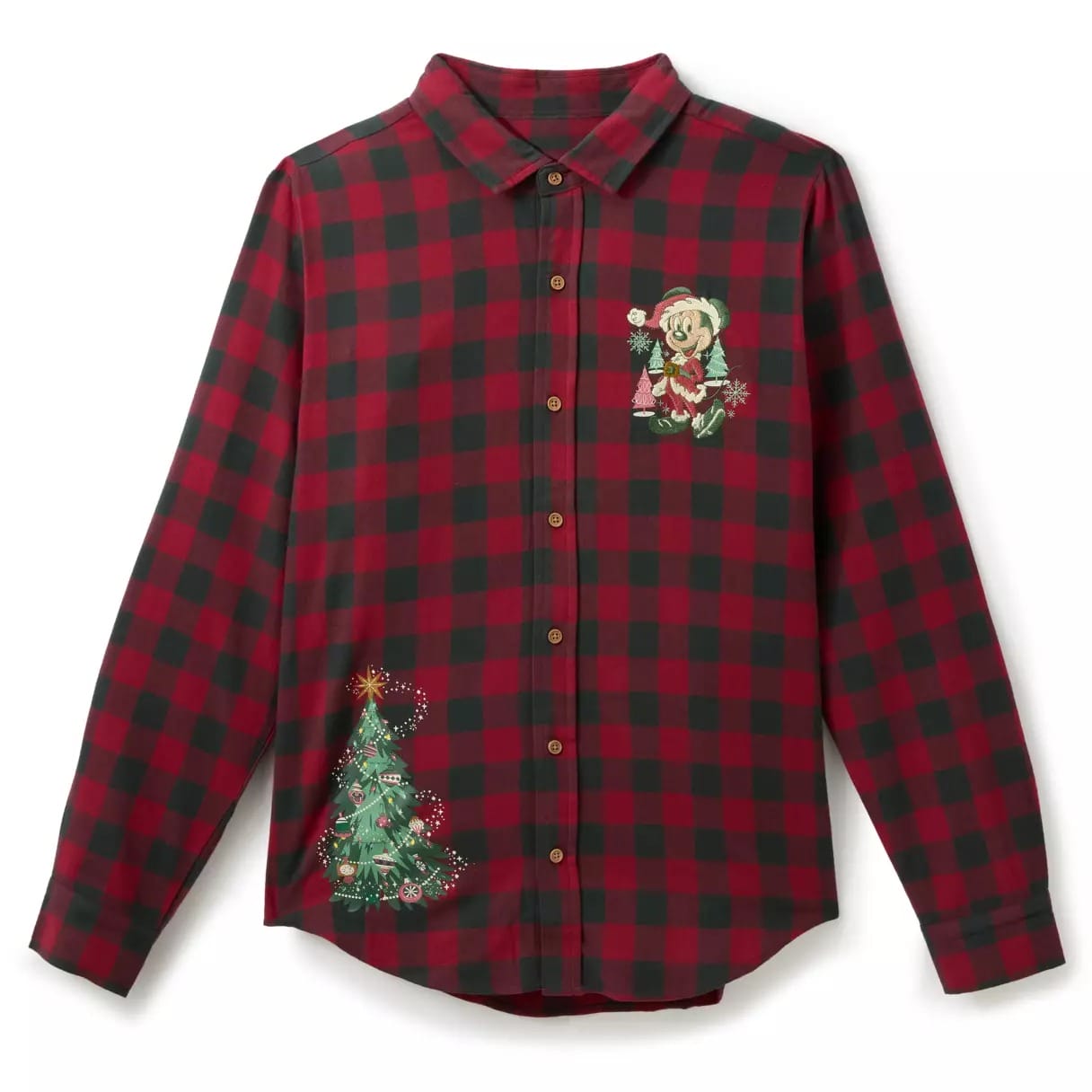 Red and black plaid button-up shirt featuring an embroidered Christmas tree and Disney character in festive attire, park style flair.