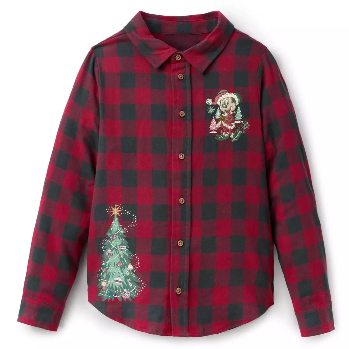 Red and black plaid button-up shirt featuring a Christmas tree and cartoon reindeer, reminiscent of festive Disney holiday attire.
