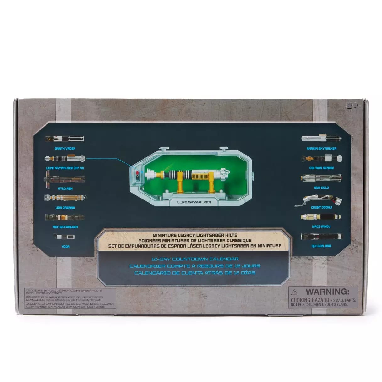 Back of a Star Wars-themed 12-day countdown calendar with Disney Parks-exclusive legacy lightsaber hilts as collectible minis.
