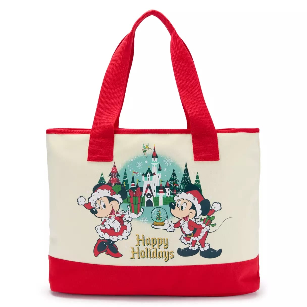 A holiday tote bag with Mickey and Minnie in festive attire, trees, “Happy Holidays” text, and a Disney castle resembling Cinderella Castle.