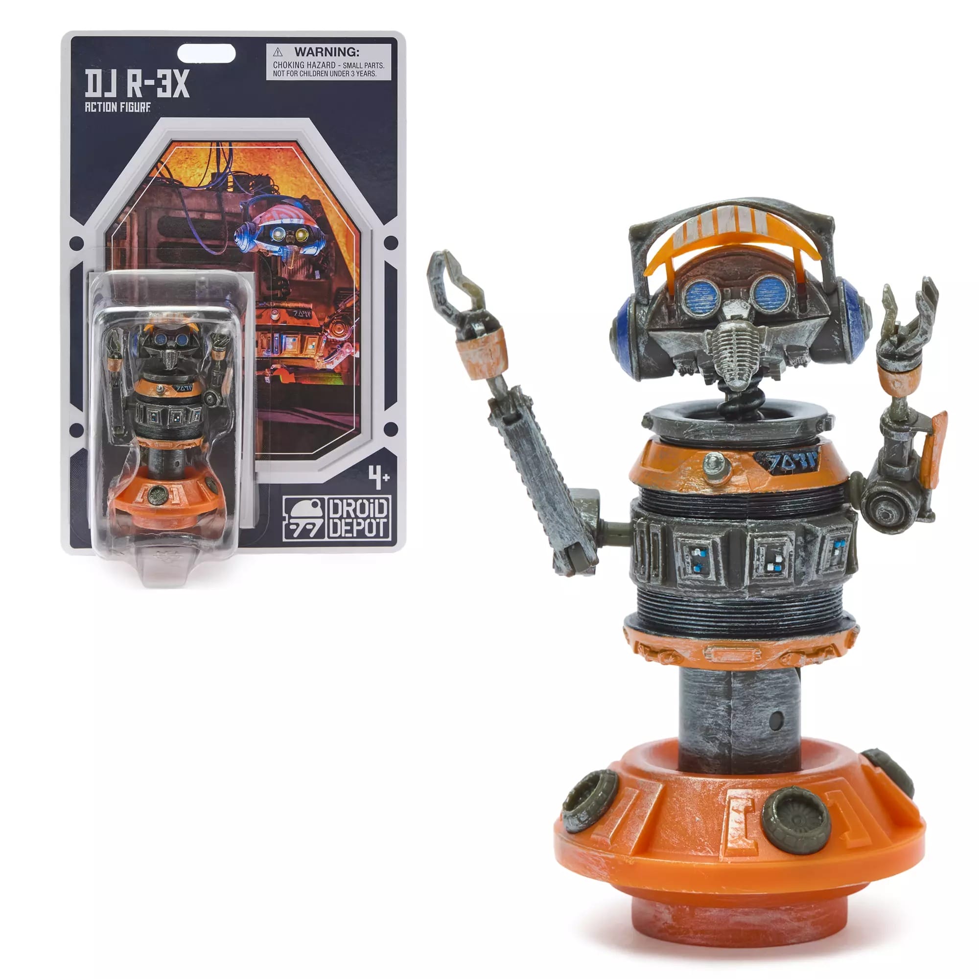 DJ R-3X droid action figure in orange, gray, and blue in front of themed packaging, like toys found at Disney's parks.