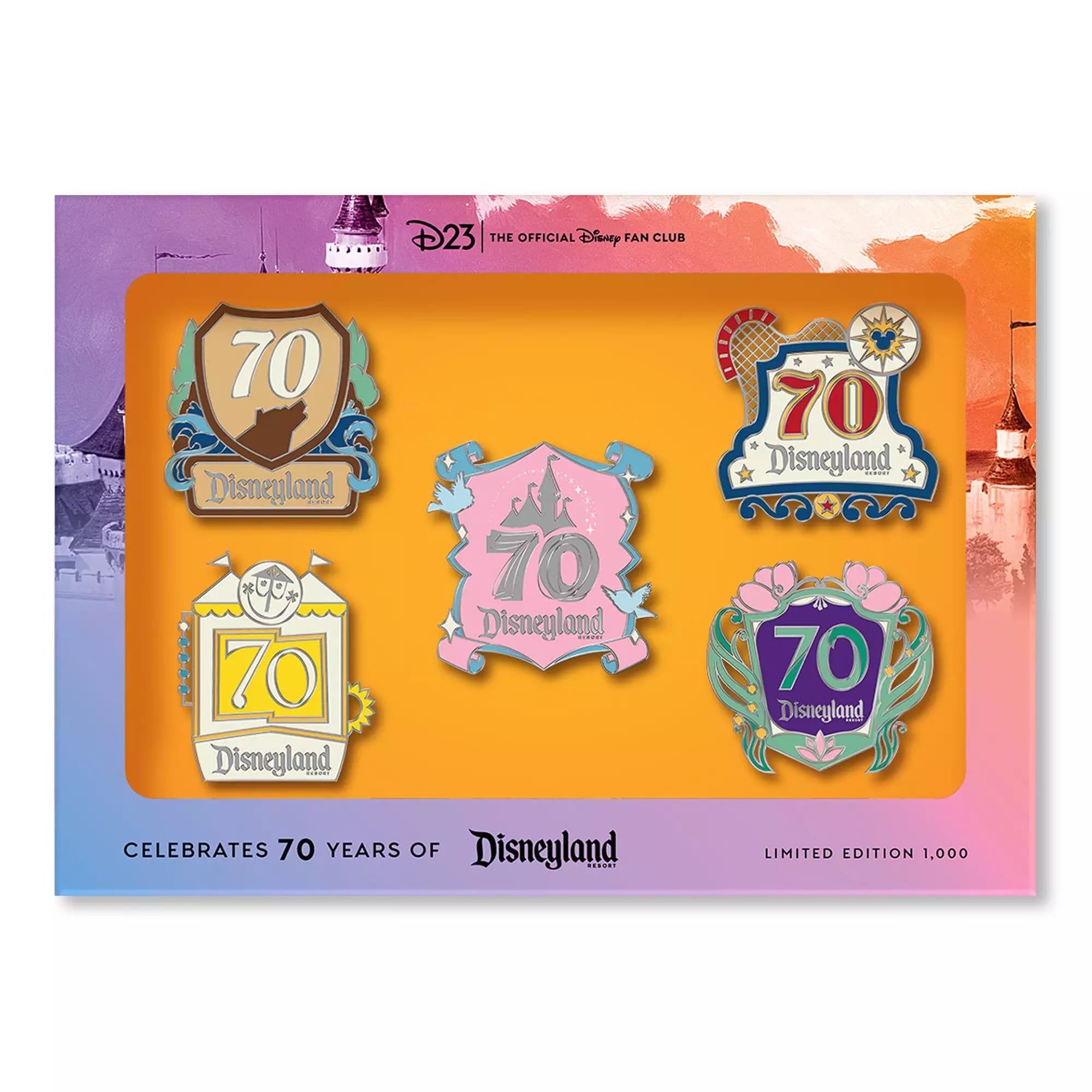 A D23 Exclusive set of five vibrant Disneyland 70th Anniversary pins in a decorative box; no castle shown to compare globally.