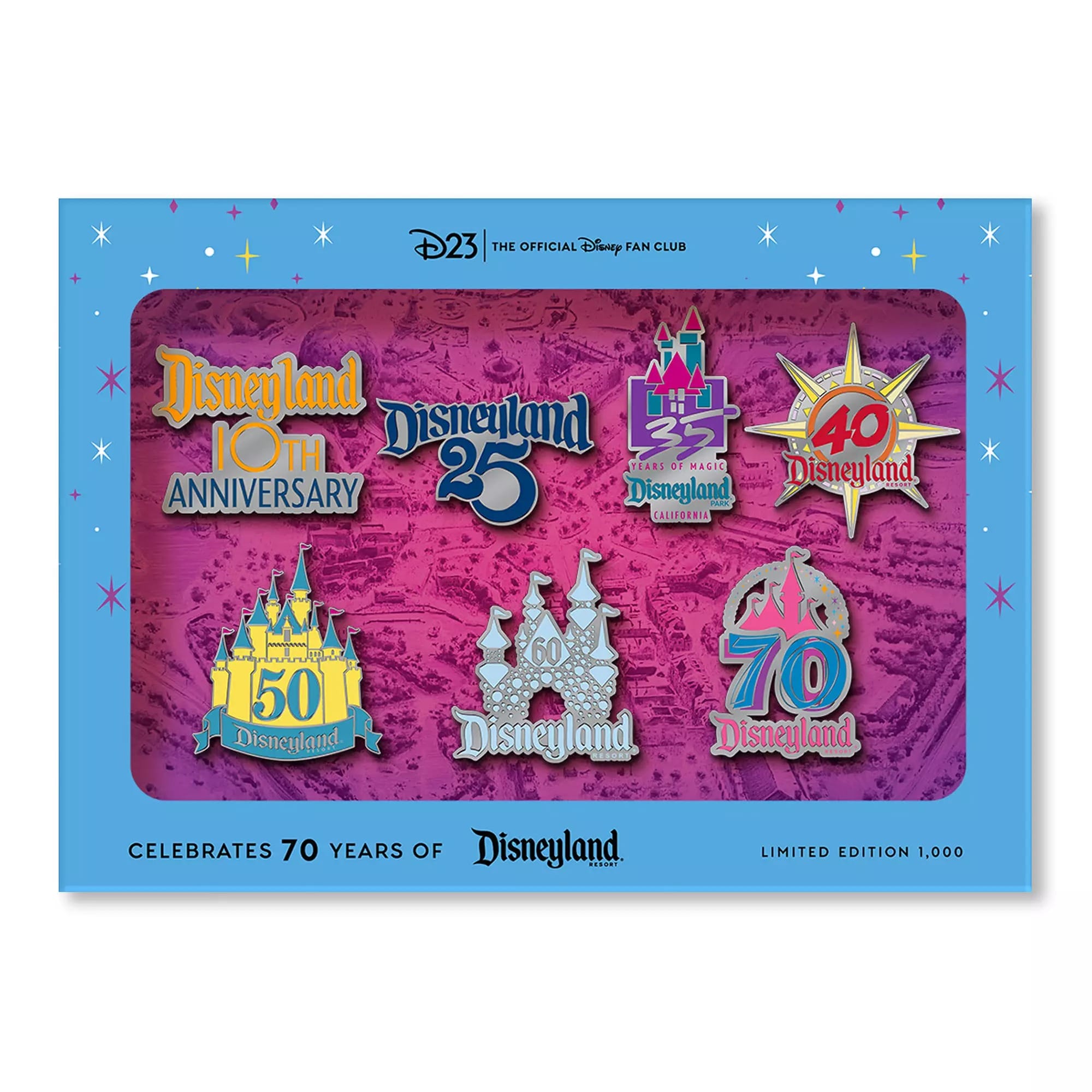 Six vivid D23-Exclusive Disneyland 70th pins on a pink map; no castle shown to compare classic Sleeping Beauty or global castles.