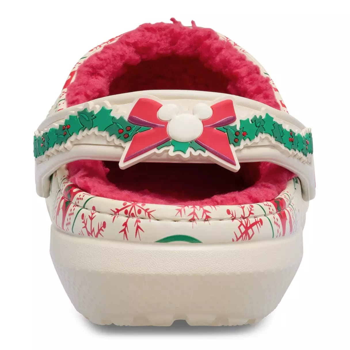 Festive white Disney Parks Christmas clog, red lining, Mickey ear bow—no castle, but classic park holiday merch magic.