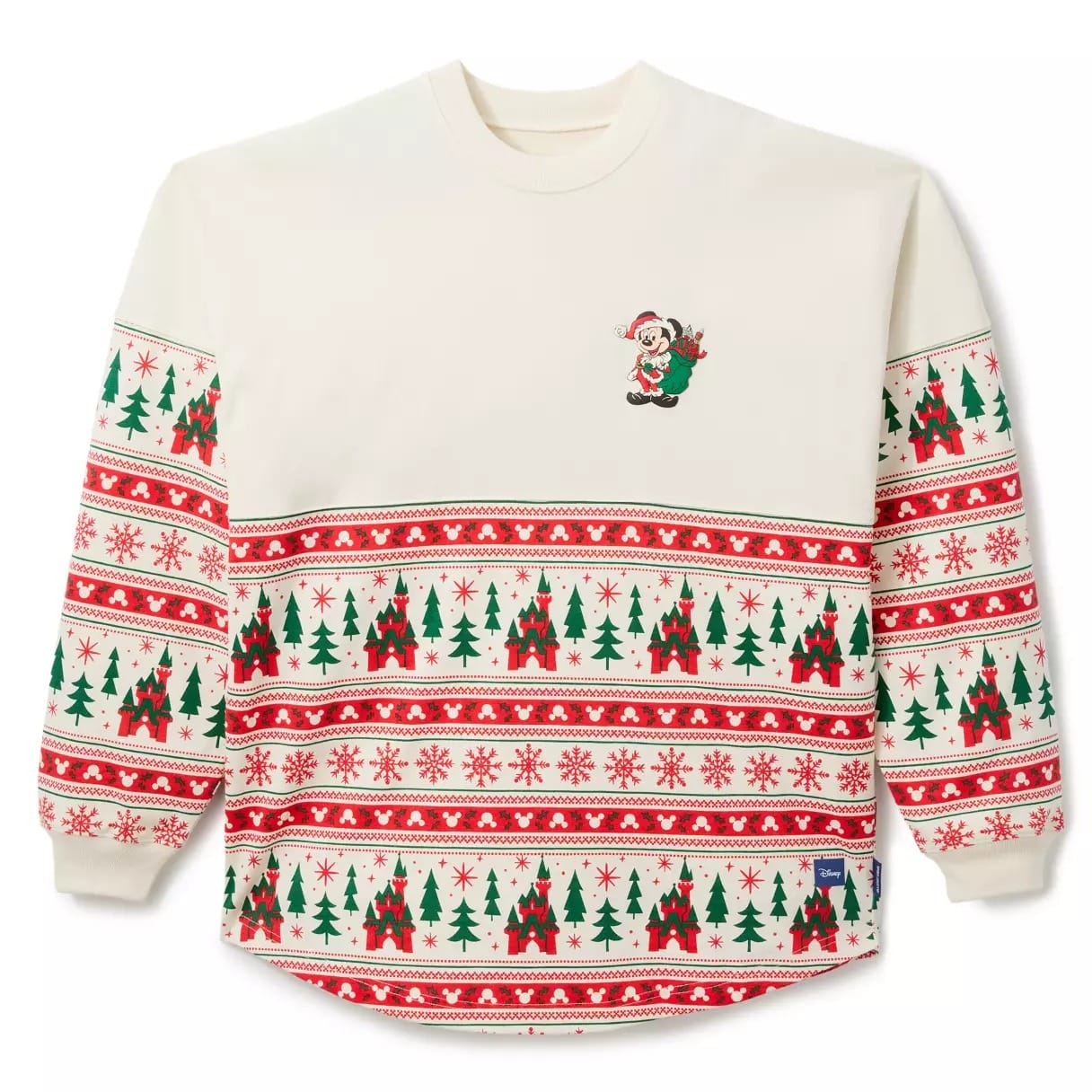 Cream sweater featuring Fair Isle Christmas tree and snowflake designs, with a small Santa graphic—cozy, Disney winter park style.