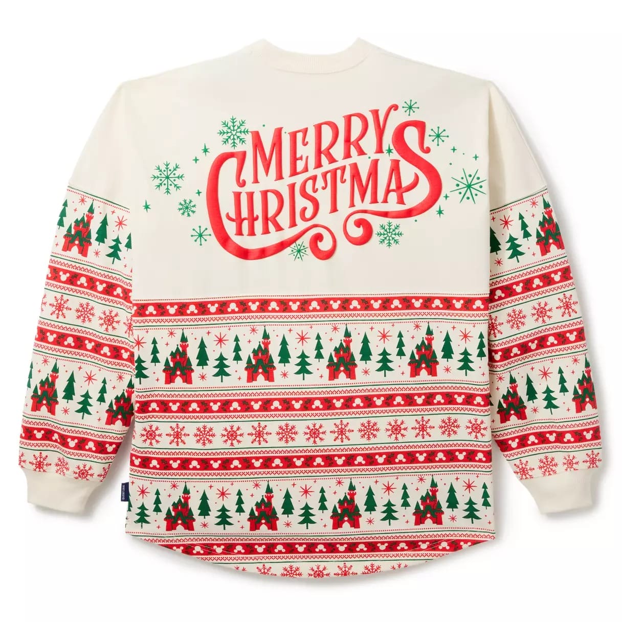 Cream sweater with "Merry Christmas" in Fair Isle designs of trees, snowflakes, and reindeer—no Disney castle motifs present.