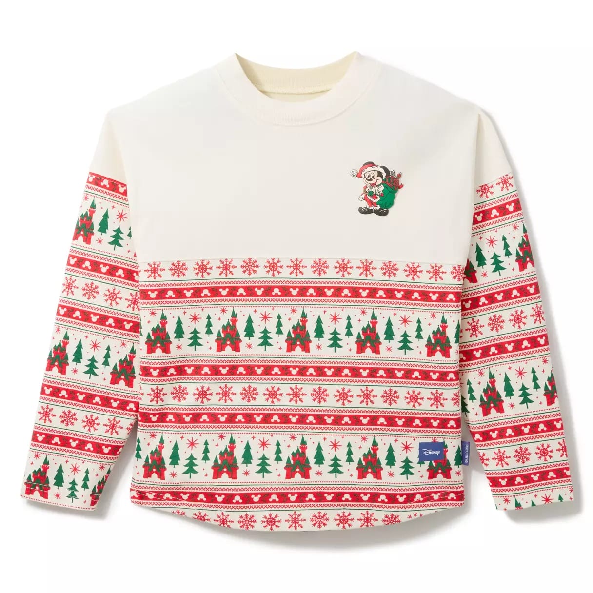 Cream sweater with red, green, and white Fair Isle holiday patterns, Christmas trees, and a Santa graphic—festive for a Disney park stroll.