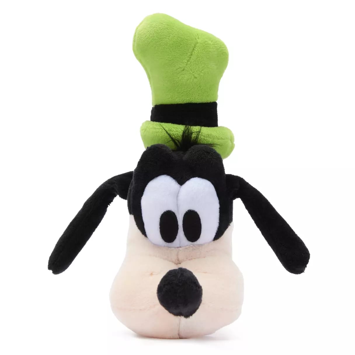 Plush toy of a cartoon dog in a green hat, large eyes, and floppy black ears, reminiscent of Goofy from Disney Parks, on white.