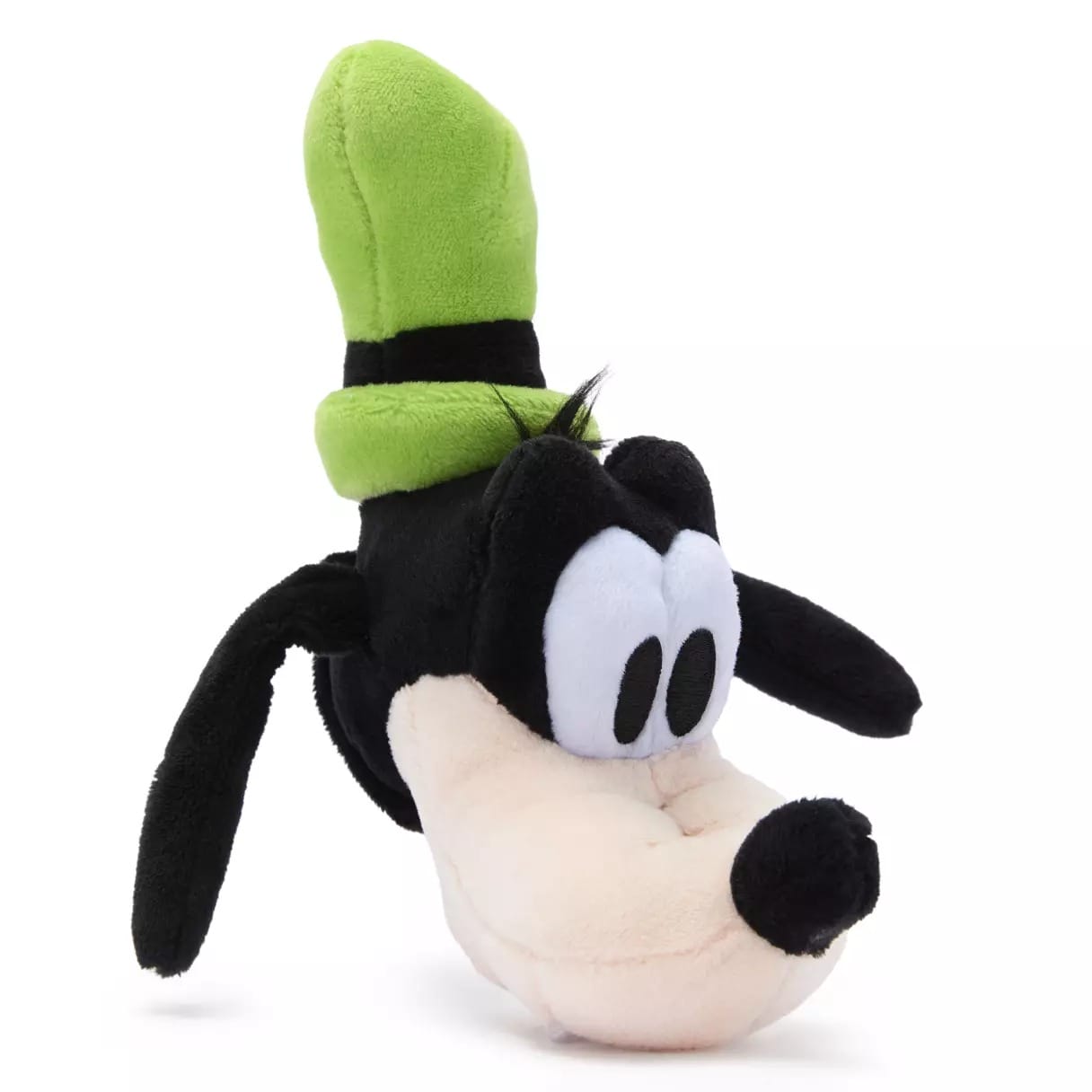 Goofy plush toy with a green hat, big eyes, and floppy ears, resembling the character seen at Disney Parks, on white background.