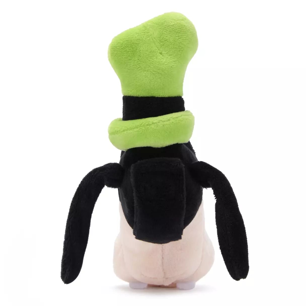 Plush Goofy toy seen from behind, wearing a green hat and black ears—looks like a classic park souvenir from Disney Parks.