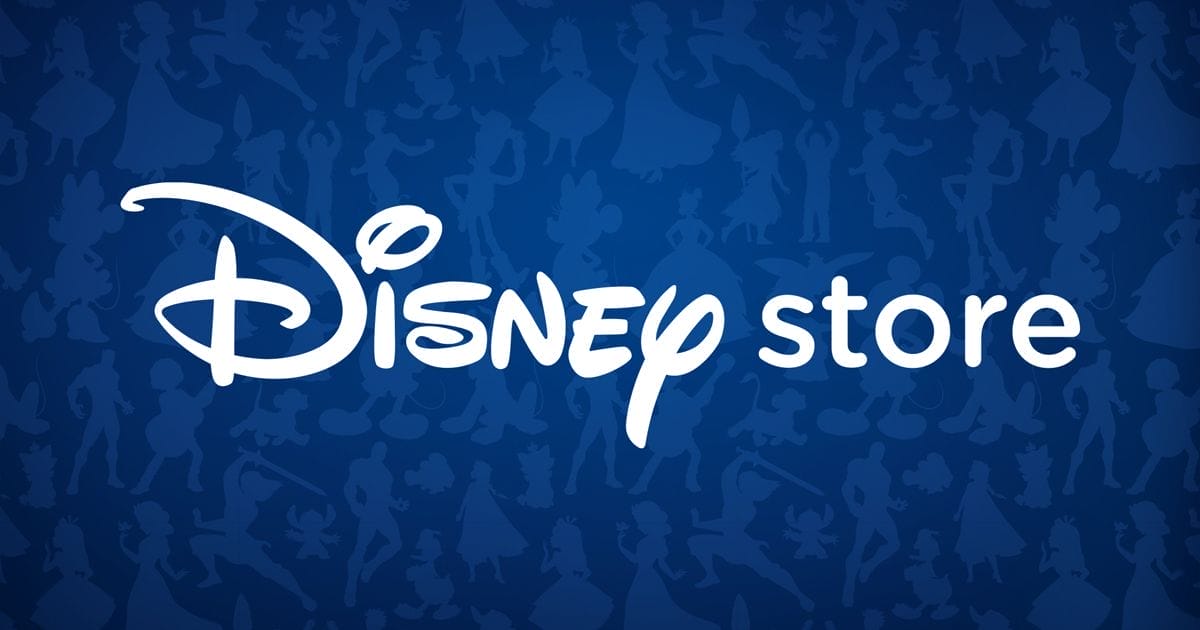 Disney store logo on a blue background with character silhouettes, reminiscent of Disney parks; no castle like those at Disneyland or WDW.