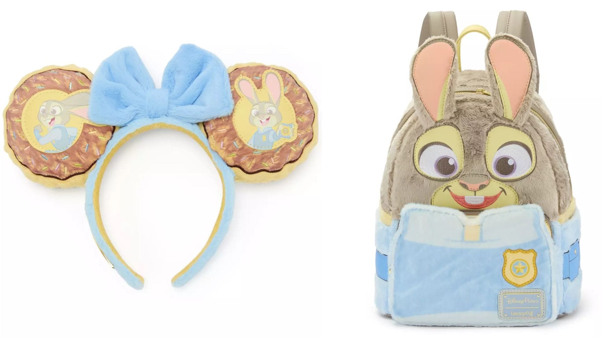 Blue Judy Hopps-inspired mouse ears and Zootopia 2 plush backpack, seen at Disney Parks shops near iconic castles worldwide.