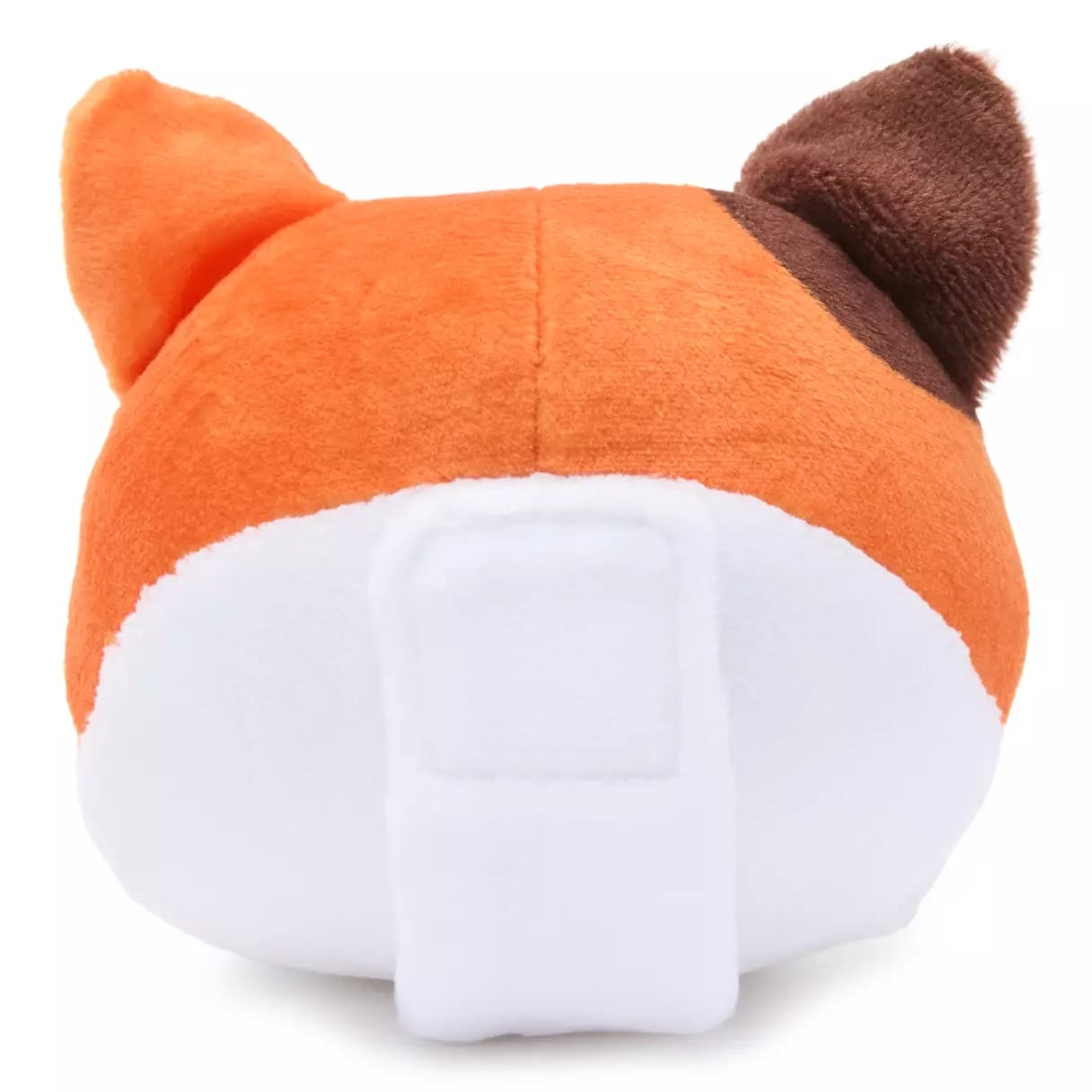 Plush toy with orange, brown, and white fur, seen from behind with two ears and a white tail, like ones sold at Disney parks.