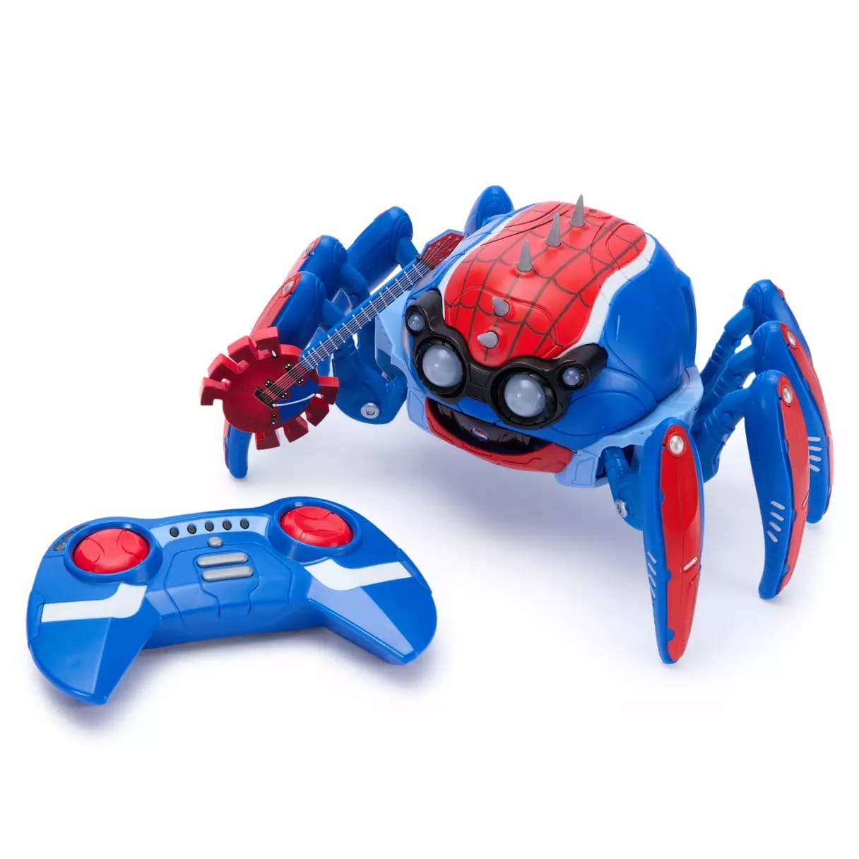 A blue and red Spider-Bot toy with a themed remote, inspired by Avengers Campus at Disney Parks. Sold at the Disney Store.