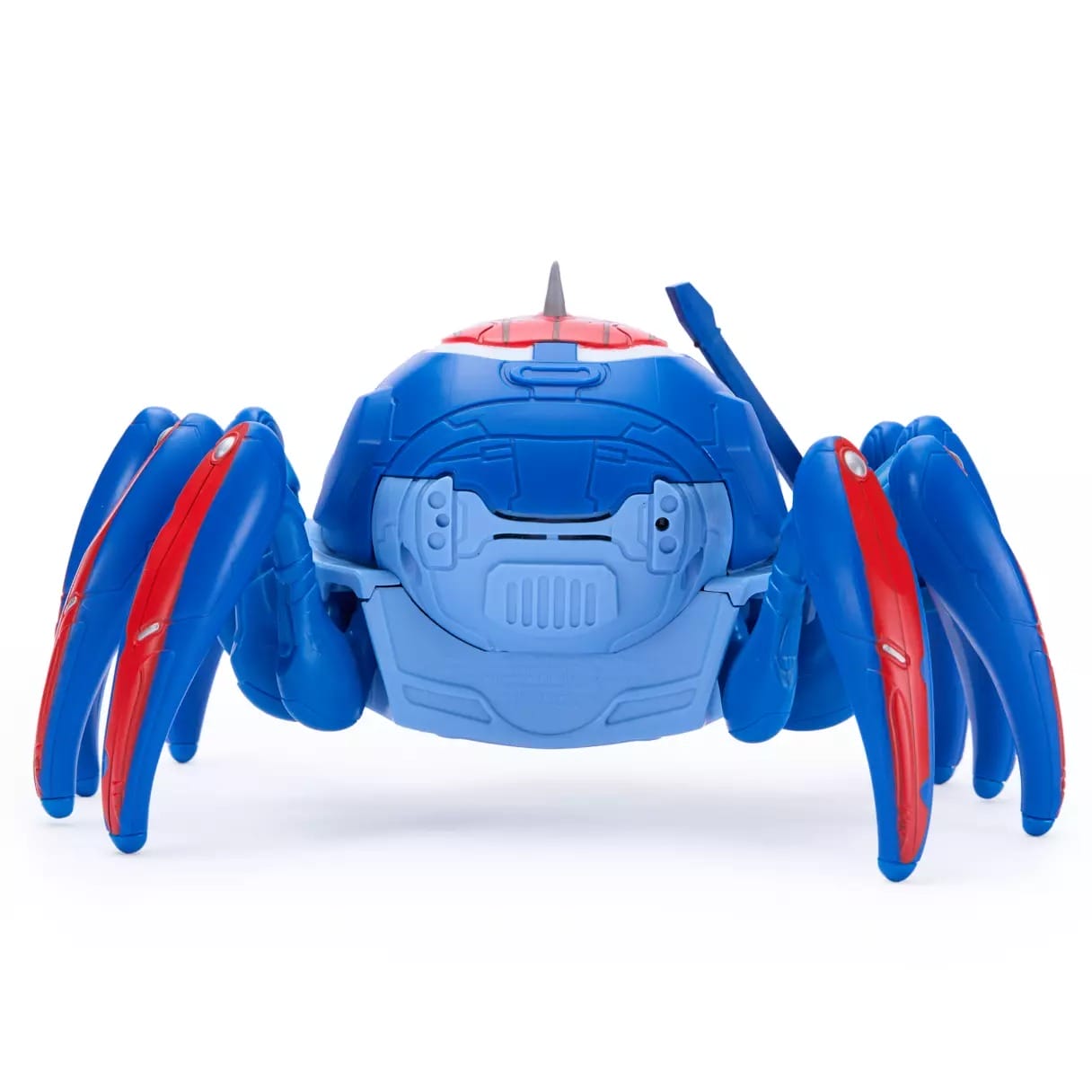Blue and red Spider-Bot crab toy with six legs, reminiscent of Avengers Campus at Disneyland, front view on white background.