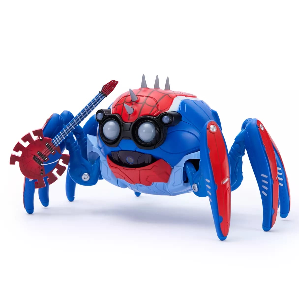 Toy spider in blue and red Spider-Punk style, wearing glasses and holding a red guitar, like Marvel merch seen at Disney parks.