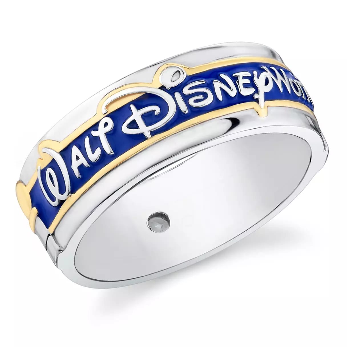 A silver ring with gold accents displays “Walt Disney World” in blue and gold, reminiscent of iconic Disney park signage.