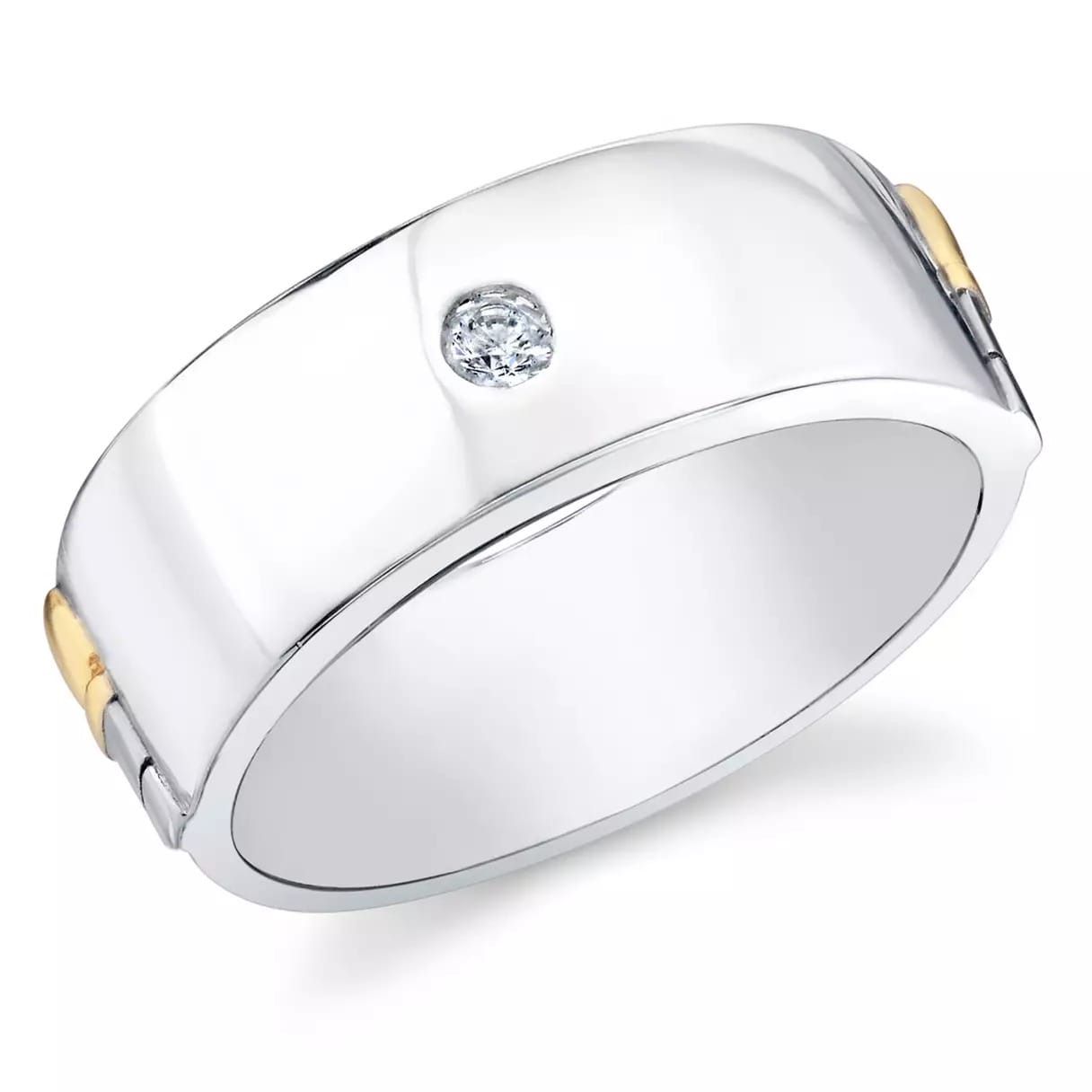 Elegant silver band ring with a sparkling round diamond center and gold accents, shining like a jewel you might find at Disneyland Paris.