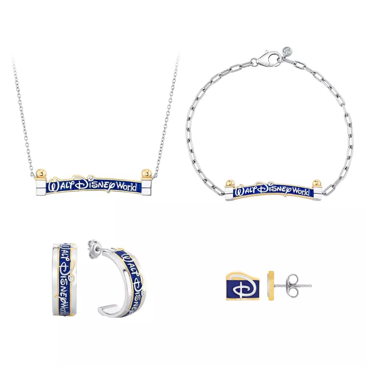 Disney Parks jewelry set with necklace, bracelet, and earrings, all showcasing blue sign-inspired designs from the Disney World resorts.