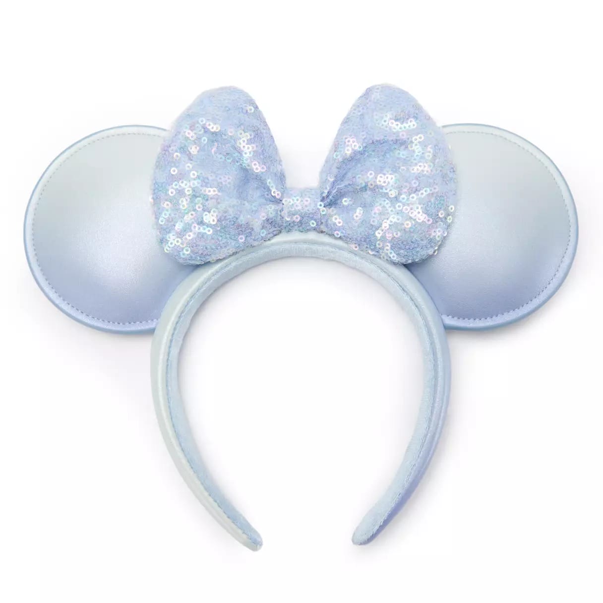 Light blue Minnie Mouse ears headband with a sparkly sequined blue bow, often seen on guests at Disney Parks worldwide.