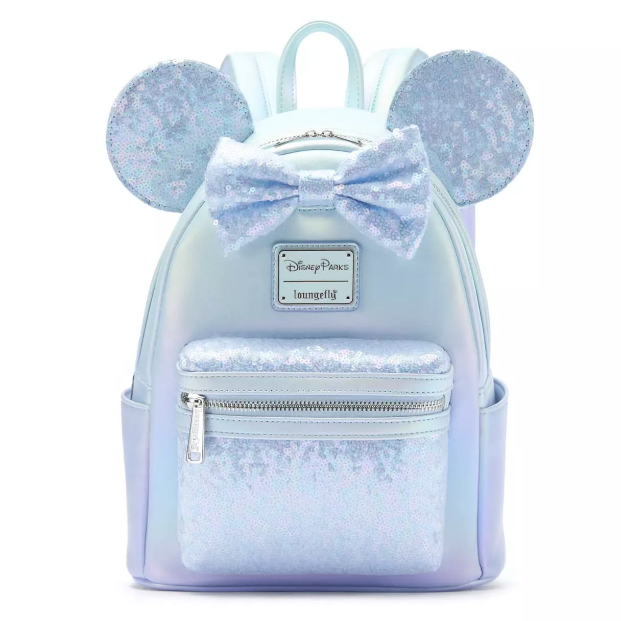 Light blue iridescent Disney Store backpack with Winter Blue Ears, sequin bow, and Disney Parks Loungefly tag, perfect for park days.