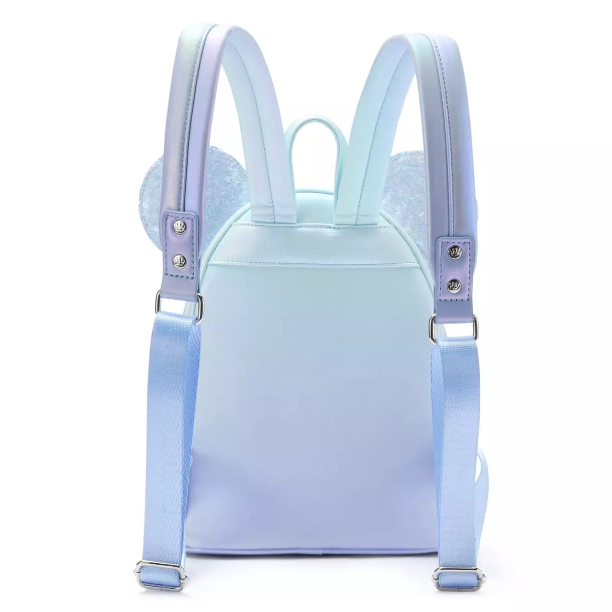 Pastel blue and lavender Loungefly backpack with adjustable straps, glittery Winter Blue Ears; a style seen at Disney Parks.
