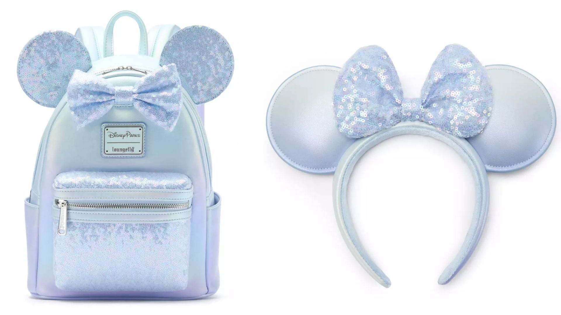 Iridescent blue Loungefly mini backpack with Mickey ears sits beside a matching sequined Disney Store headband, park-ready.