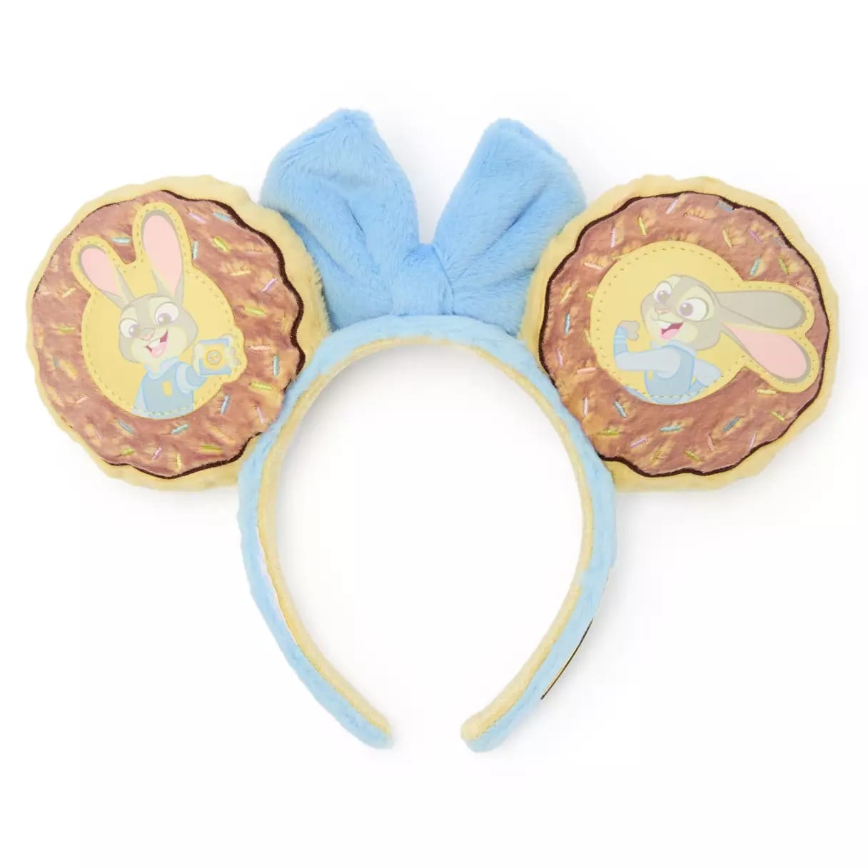 Blue headband with two donut-shaped ears showing animated bunny characters and a plush blue bow, similar to Disney park headwear.