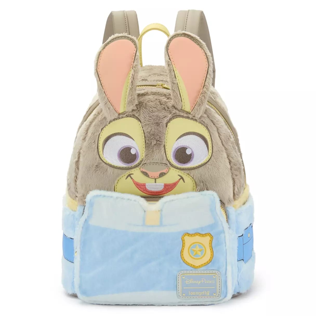 Disney Parks exclusive plush backpack shaped like Judy Hopps from Zootopia, featuring bunny ears, police badge, and cheerful face.