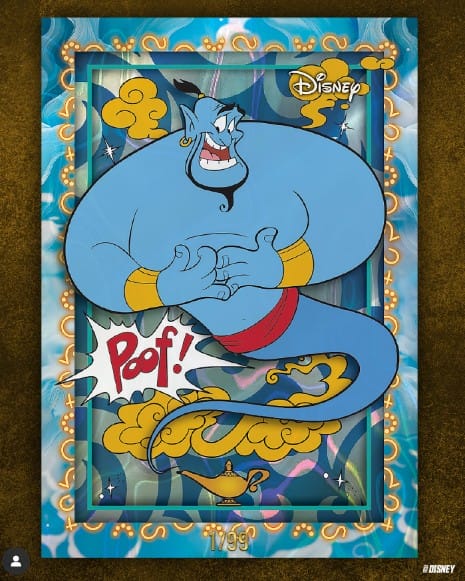 Cartoon Genie from Disney’s Aladdin appears with a “Poof!”, styled like a Disney Mint Collection trading card in park fashion.