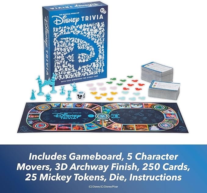 Disney Trivia board game set with cards, tokens, and movers—perfect for Disney fans shopping Amazon Prime Big Deal Day!