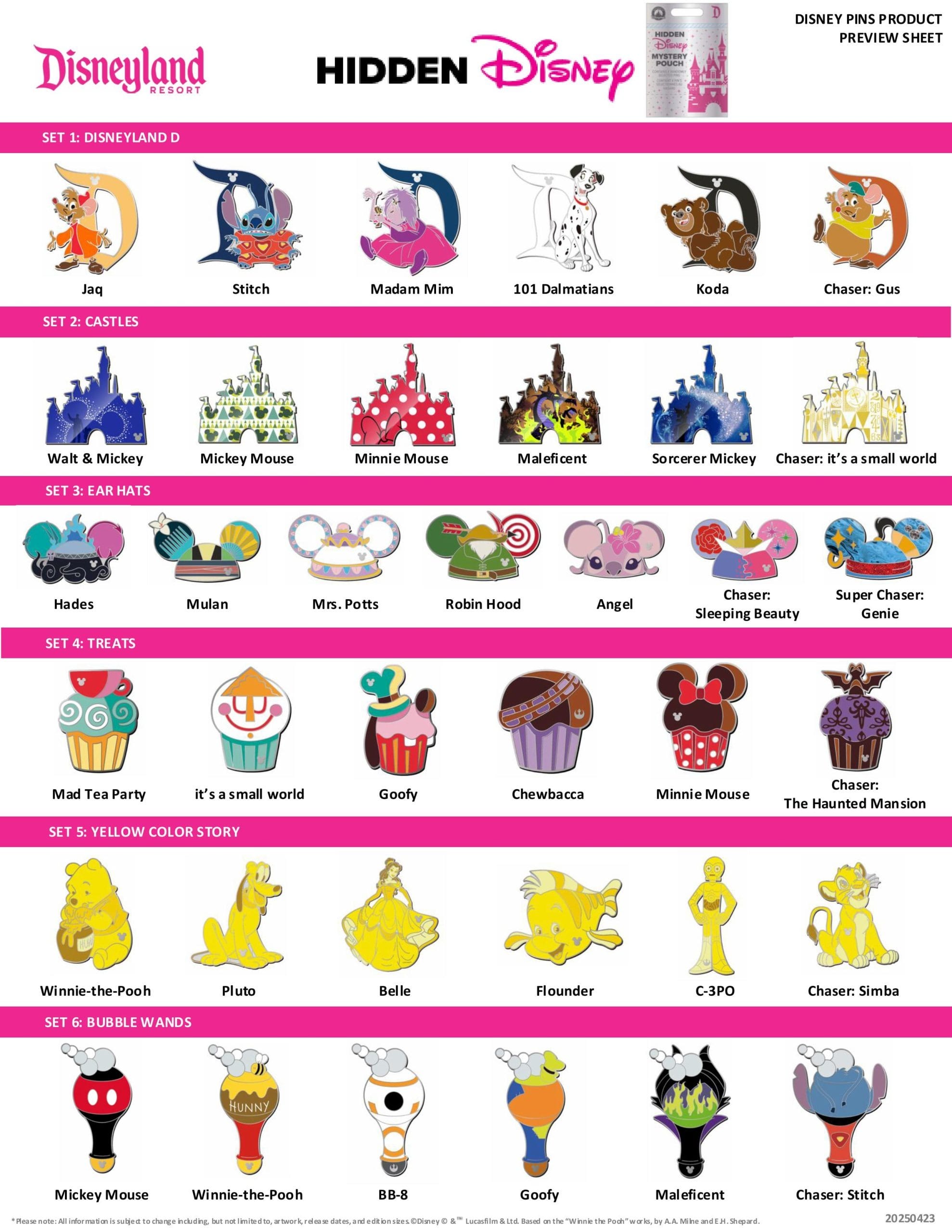 A preview sheet of Hidden Disney pins, featuring Disneyland park pins and Disney characters across 5 themed sets.