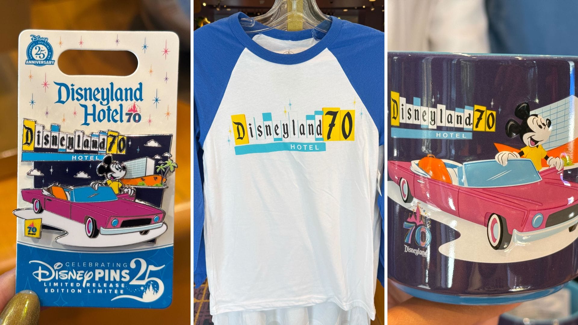 Disneyland Hotel 70th Anniversary Collection pin, shirt, and mug with Mickey Mouse in a retro pink car.