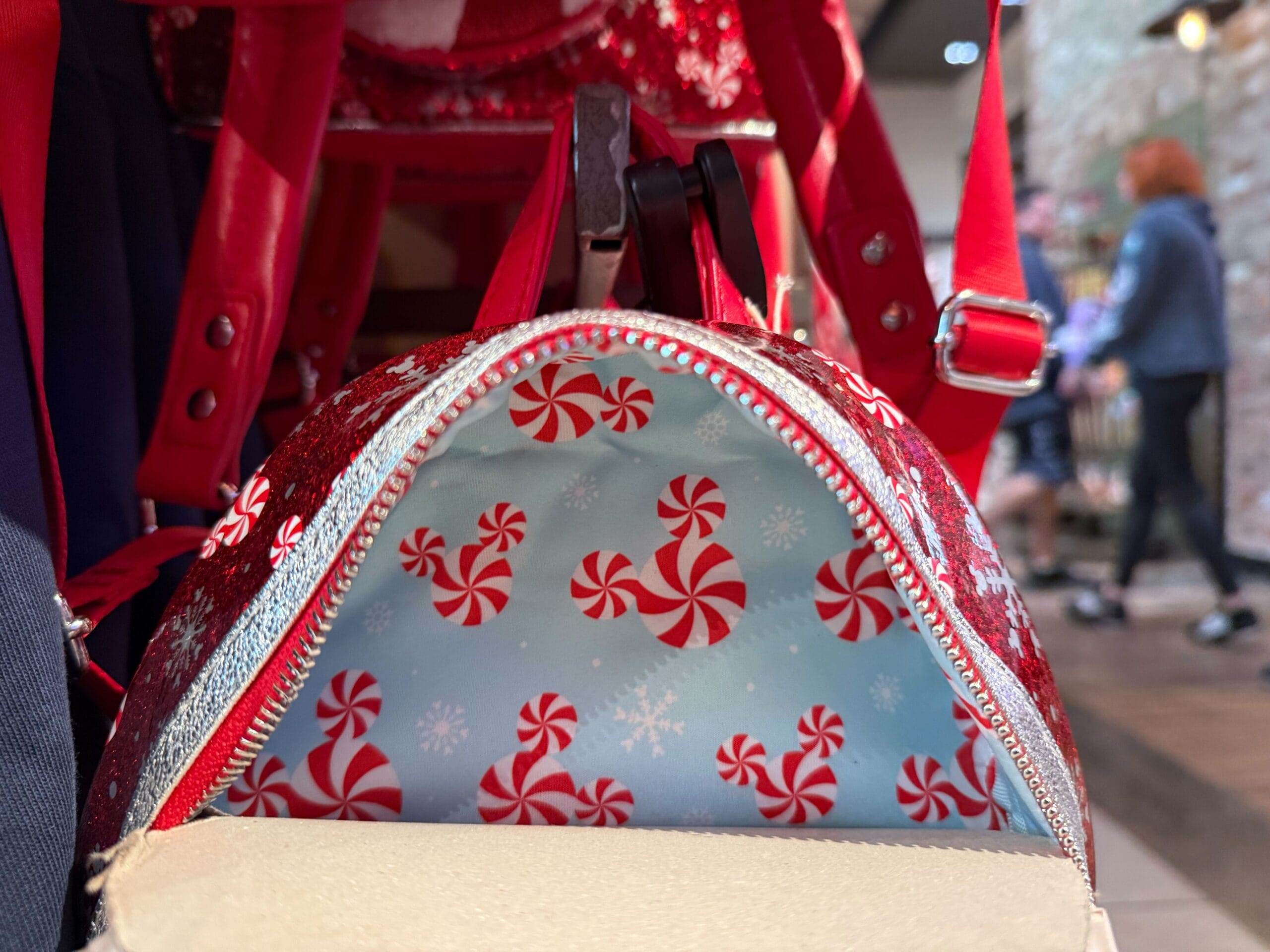 Close-up of a zippered bag with peppermint candy and snowflake designs, seen in a Disney park shop with visitors browsing behind.