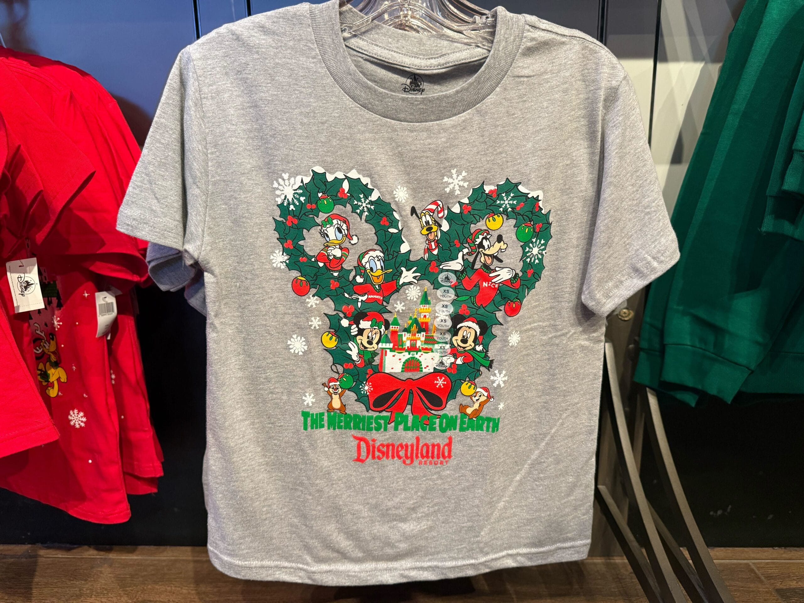Gray Disneyland T-shirt with Disney characters and a Christmas wreath, reminiscent of festive merchandise from multiple Disney Parks.
