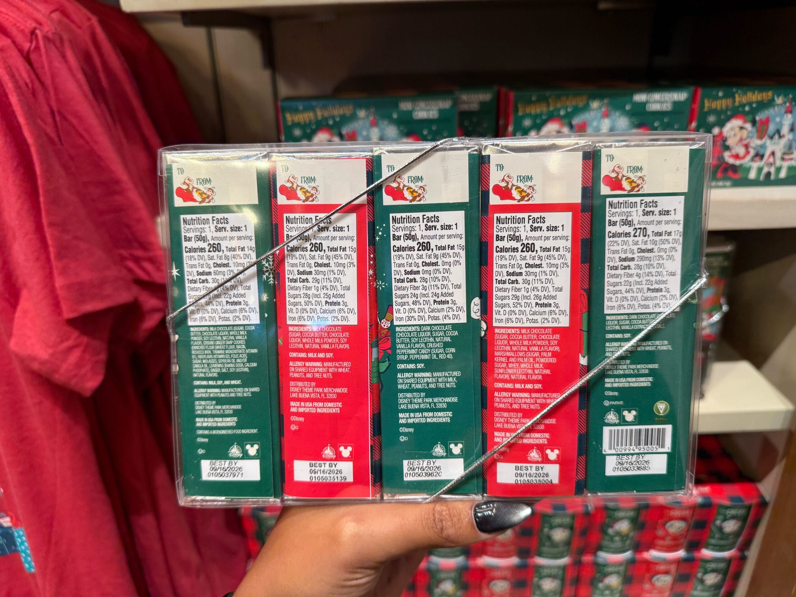 A hand holds four boxes of Peppermint Collection holiday tea in a Disney park, nutrition labels visible on the box backs. No castles shown.